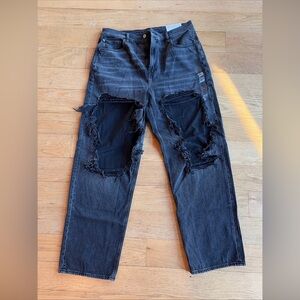 American Eagle Baggy Mom Jeans Size 16 Black Ripped Comfort Stretch NWT Thrashed